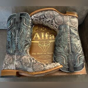 Men’s Alfa boots - leather w/turquoise/gray/snakeskin print size 28.5/12 men’s